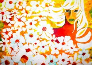 painting of woman surrounded by white flowers